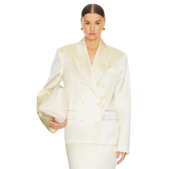 Helsa Heavy Satin Double Breasted Blazer Jacket Career Shoulder Pads Bone M - Picture 1 of 11